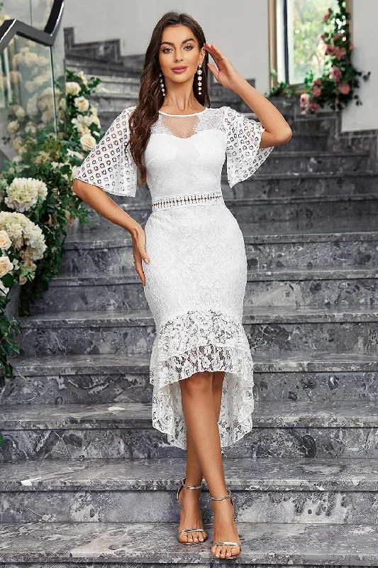 Dresses with Ruffled Sleeves and High Neck for Ladies' Dramatic and Elegant LookWhite Mermaid Lace Short Sleeves Ruffle High-Low Dress Dresses with Ruffled Sleeves and High Neck for Ladies' Dramatic and Elegant LookWhite Mermaid Lace Short Sleeves Ruffle High-Low Dress