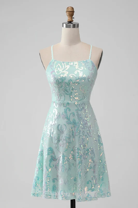 Velvet Dresses with Satin Trim for Ladies' Luxurious FeelMint A Line Sequins Short Homecoming Dress with Lace-up Back Velvet Dresses with Satin Trim for Ladies' Luxurious FeelMint A Line Sequins Short Homecoming Dress with Lace-up Back