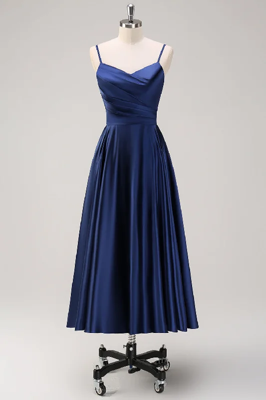 Dresses with Embroidered Paisley Patterns for Ladies' Exotic and Sophisticated LookNavy A-Line Ruched Spaghetti Straps Tea Length Bridesmaid Dress Dresses with Embroidered Paisley Patterns for Ladies' Exotic and Sophisticated LookNavy A-Line Ruched Spaghetti Straps Tea Length Bridesmaid Dress