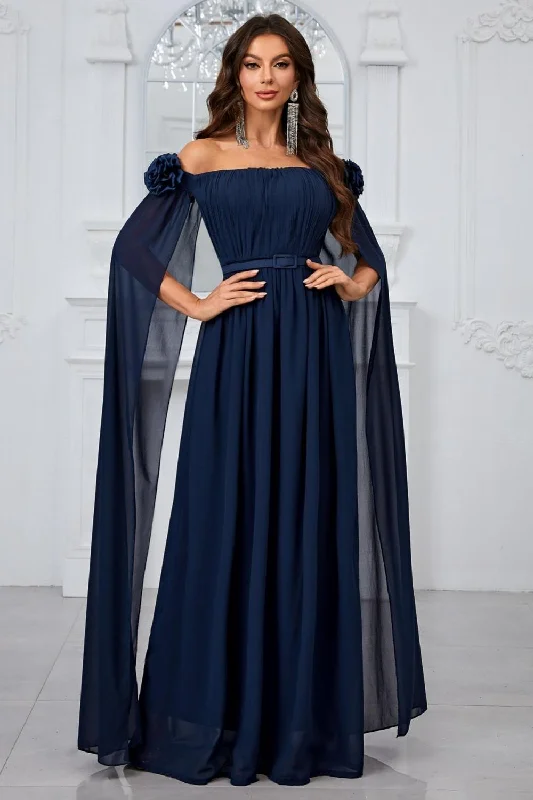 Dresses with Embroidered Party Animals for Ladies' Fun Themed OutfitNavy Pleated A Line Off the Shoulder Long Prom Dress Dresses with Embroidered Party Animals for Ladies' Fun Themed OutfitNavy Pleated A Line Off the Shoulder Long Prom Dress