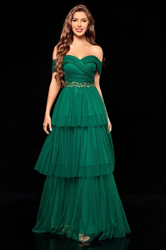 One Shoulder Dresses with Ruffled Sleeve for Ladies' Fashion StatementOff the Shoulder Dark Green Tiered Prom Dress with Ruffles One Shoulder Dresses with Ruffled Sleeve for Ladies' Fashion StatementOff the Shoulder Dark Green Tiered Prom Dress with Ruffles