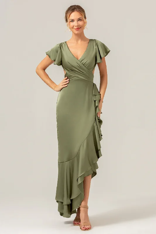 Dresses with Tassel Hem and Metallic Lace and Sequined Geometric Shapes for Ladies' Boho and Modern LookOlive A Line V Neck Satin Asymmetrical Bridesmaid Dress with Ruffle Slit Dresses with Tassel Hem and Metallic Lace and Sequined Geometric Shapes for Ladies' Boho and Modern LookOlive A Line V Neck Satin Asymmetrical Bridesmaid Dress with Ruffle Slit