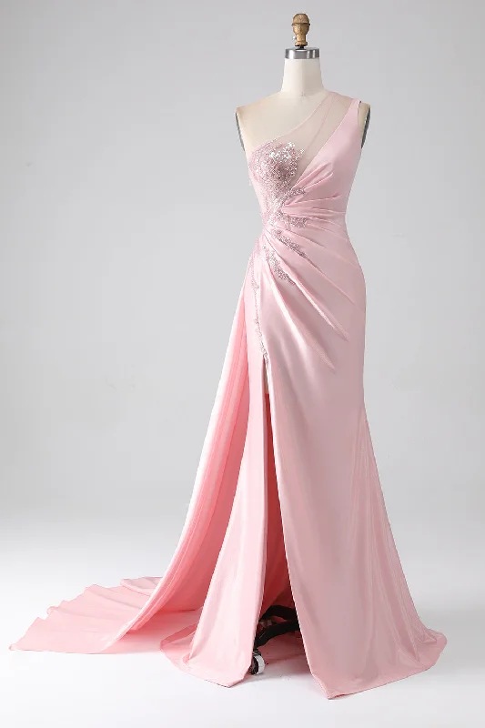 Dresses with Lace Insertions on the Skirt and Beaded Waistband for Ladies' Feminine and Glamorous LookPink Mermaid One Shoulder Sequins Appliques Ruched Prom Dress With Slit Dresses with Lace Insertions on the Skirt and Beaded Waistband for Ladies' Feminine and Glamorous LookPink Mermaid One Shoulder Sequins Appliques Ruched Prom Dress With Slit