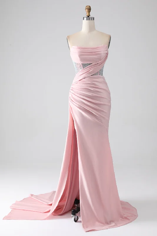Short Dresses with Sequined Accents for Ladies' Night OutPink Mermaid Strapless Beaded Pleated Long Prom Dress With High Slit Short Dresses with Sequined Accents for Ladies' Night OutPink Mermaid Strapless Beaded Pleated Long Prom Dress With High Slit