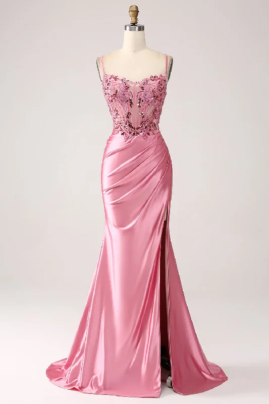 Chiffon Dresses with Slit for Ladies' Added ElegancePink Mermaid Spaghetti Straps Sequin Corset Prom Dress with Slit