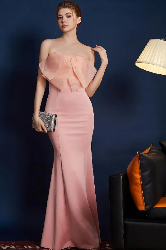 Dresses with Tulle Overlay and Beaded Bodice for Ladies' Dramatic and Graceful LookPink Mermaid Strapless Long Prom Dress with Bow Dresses with Tulle Overlay and Beaded Bodice for Ladies' Dramatic and Graceful LookPink Mermaid Strapless Long Prom Dress with Bow
