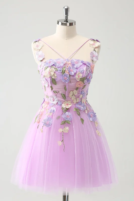 Organza Dresses with Sparkly Appliques for Ladies' Fairy Tale LookPurple A Line Halter Flowers Tulle Short Homecoming Dress Organza Dresses with Sparkly Appliques for Ladies' Fairy Tale LookPurple A Line Halter Flowers Tulle Short Homecoming Dress