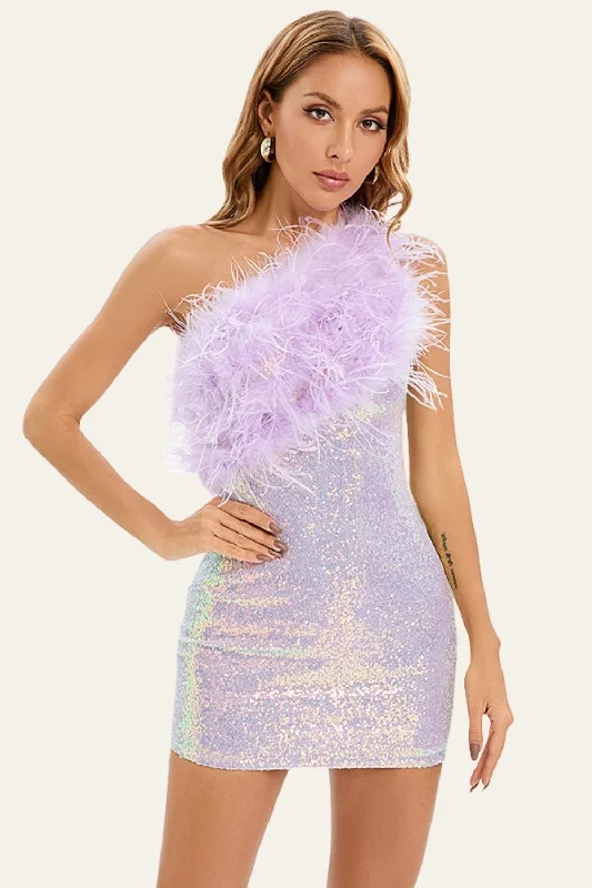 Long Sleeve Knit Dresses for Ladies' Winter ComfortPurple Bodycon One-Shoulder Sequin Patchwork Homecoming Dress With Feather Long Sleeve Knit Dresses for Ladies' Winter ComfortPurple Bodycon One-Shoulder Sequin Patchwork Homecoming Dress With Feather