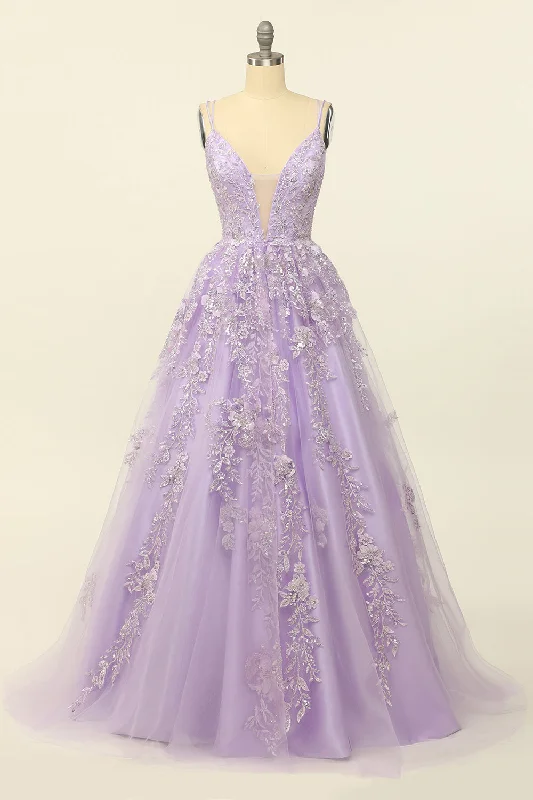 Dresses with Lace and Chiffon Blend for Ladies' Soft and Feminine LookPurple Spaghetti Straps Prom Dress With Appliques Dresses with Lace and Chiffon Blend for Ladies' Soft and Feminine LookPurple Spaghetti Straps Prom Dress With Appliques