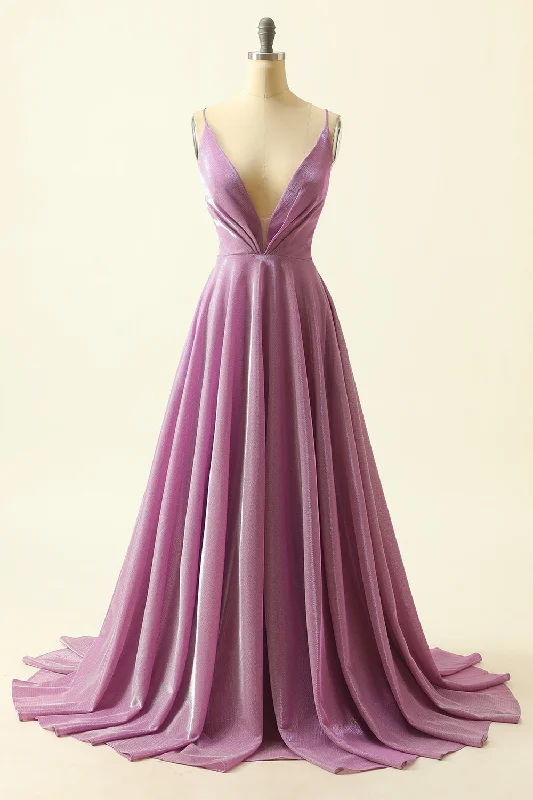High Neck Chiffon Dresses for Ladies' Modest StylePurple V-neck Sparkly Prom Dress