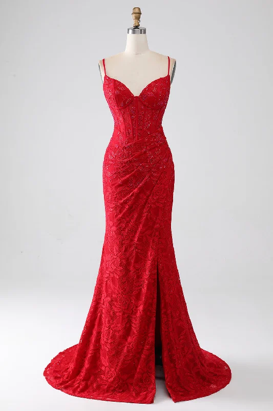 Dresses with Embroidered Birds and Sequined Floral Motifs and Satin and Lace Combo for Ladies' Nature Inspired and Romantic LookRed Mermaid Spaghetti Straps Beaded Lace Applique Prom Dress With Slit Dresses with Embroidered Birds and Sequined Floral Motifs and Satin and Lace Combo for Ladies' Nature Inspired and Romantic LookRed Mermaid Spaghetti Straps Beaded Lace Applique Prom Dress With Slit