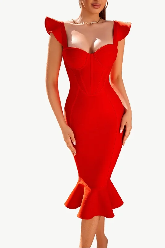 Dresses with Lace Insertions on the Skirt for Ladies' Feminine and Elegant LookRed Sweetheart Mermaid Midi Corset Cocktail Dress Dresses with Lace Insertions on the Skirt for Ladies' Feminine and Elegant LookRed Sweetheart Mermaid Midi Corset Cocktail Dress