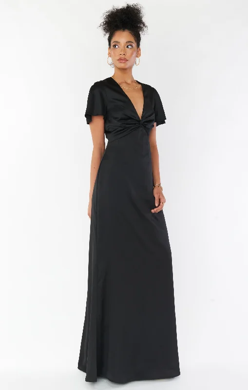 Maxi Dresses Decorated with Feathers for a Dazzling LookRome Twist Gown ~ Black Luxe Satin