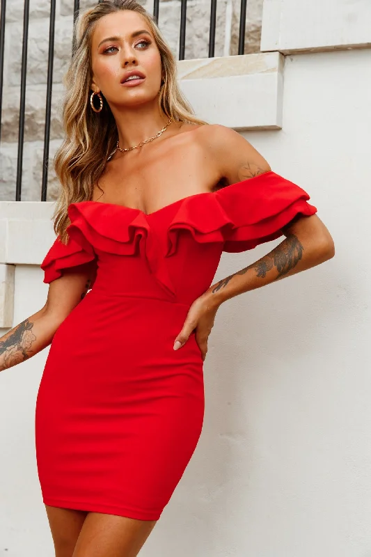 Dresses with Satin and Lace Trimmed Neckline for Ladies' Sophisticated LookRossi Off-Shoulder Double Ruffle Dress Red Dresses with Satin and Lace Trimmed Neckline for Ladies' Sophisticated LookRossi Off-Shoulder Double Ruffle Dress Red