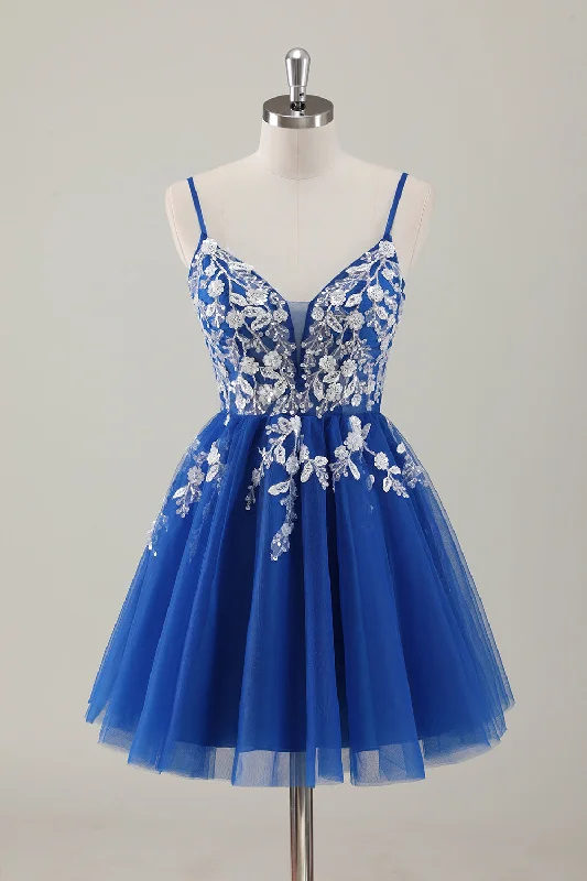 Dresses with Satin Trimmed Collar and Bow Back for Ladies' Classic and Intricate LookRoyal Blue Spaghetti Straps Short Homecoming Dress with Appliques Dresses with Satin Trimmed Collar and Bow Back for Ladies' Classic and Intricate LookRoyal Blue Spaghetti Straps Short Homecoming Dress with Appliques