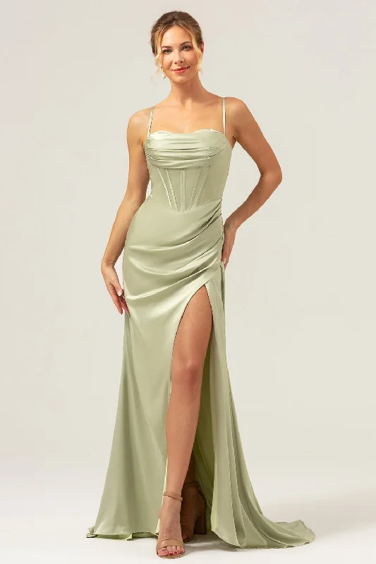 Dresses with Embroidered Stars and Sequined Dots for Ladies' Celestial and Playful LookSage Mermaid Spaghetti Straps Corset Satin Bridesmaid Dress with Slit Dresses with Embroidered Stars and Sequined Dots for Ladies' Celestial and Playful LookSage Mermaid Spaghetti Straps Corset Satin Bridesmaid Dress with Slit
