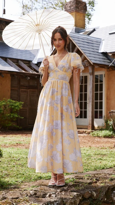 High - Waisted Maxi Dresses to Create Long Leg LinesSarai Maxi Dress - Yellow Floral High - Waisted Maxi Dresses to Create Long Leg LinesSarai Maxi Dress - Yellow Floral