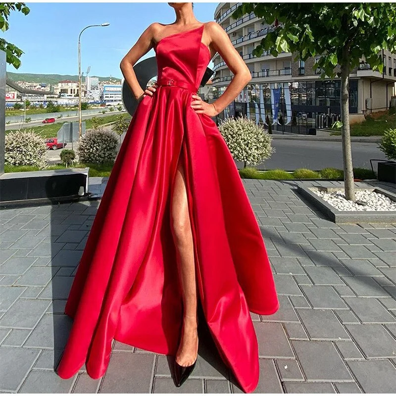 Maxi Dresses for Family Gatherings During HolidaysFashionSierra - Off Shoulder Slit Floor Length Satin A Line High Waist Dress Maxi Dresses for Family Gatherings During HolidaysFashionSierra - Off Shoulder Slit Floor Length Satin A Line High Waist Dress