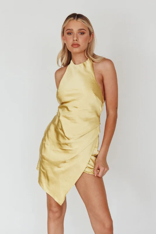 Sleeveless Georgette Dresses for Ladies with Printed PatternsSonoma Halterneck Faux Wrap Twist Back Mini Dress Lemon Sleeveless Georgette Dresses for Ladies with Printed PatternsSonoma Halterneck Faux Wrap Twist Back Mini Dress Lemon