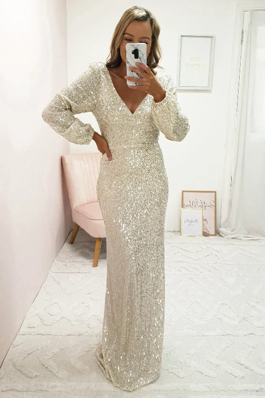 Maxi Dresses Paired with Crop Tops for a Trendy LookSorelle Sequin Long Sleeve Gown | Champagne Maxi Dresses Paired with Crop Tops for a Trendy LookSorelle Sequin Long Sleeve Gown | Champagne