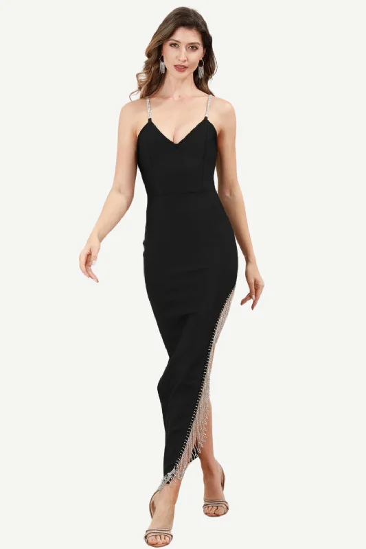 Dresses with Sequined Star Motifs and Sheer Sleeve for Ladies' Celestial and Flirty LookSpaghetti Straps Black Party Dress with Fringes Dresses with Sequined Star Motifs and Sheer Sleeve for Ladies' Celestial and Flirty LookSpaghetti Straps Black Party Dress with Fringes
