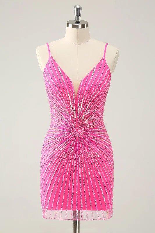 Dresses with Metallic Sequined Bodice and Chiffon Skirt for Ladies' Glamorous and Flirty LookHot Pink Spaghetti Straps Tight Short Backless Homecoming Dress with Sequins Dresses with Metallic Sequined Bodice and Chiffon Skirt for Ladies' Glamorous and Flirty LookHot Pink Spaghetti Straps Tight Short Backless Homecoming Dress with Sequins