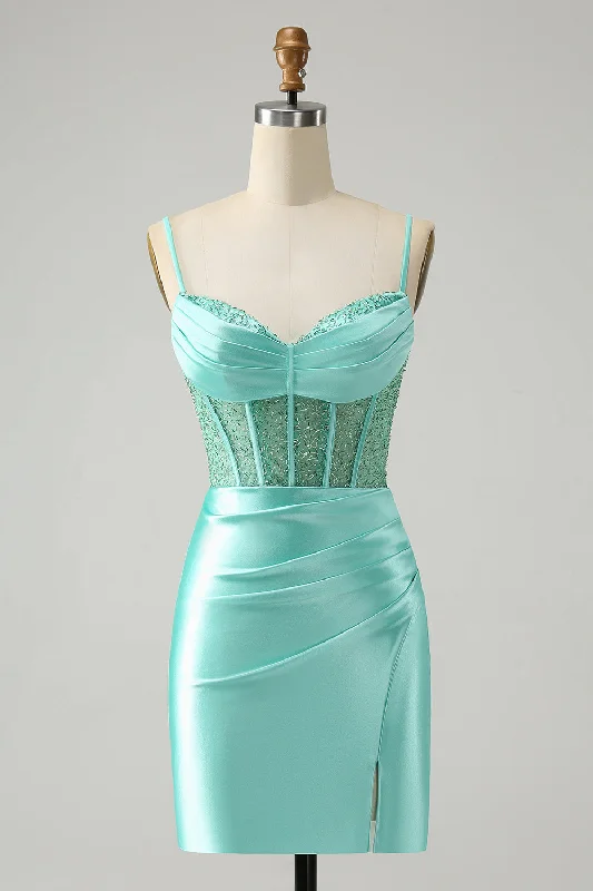 Dresses with Sequined Hearts and Ruffled Hem and Satin and Lace Combo for Ladies' Romantic and Feminine LookLight Green Spaghetti Straps Bodycon Corset Satin Homecoming Dress with Slit Dresses with Sequined Hearts and Ruffled Hem and Satin and Lace Combo for Ladies' Romantic and Feminine LookLight Green Spaghetti Straps Bodycon Corset Satin Homecoming Dress with Slit