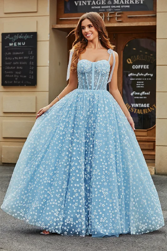 Dresses with Sequined Hearts for Ladies' Romantic LookSpaghetti Straps Sky Blue A-Line Corset Prom Dress with Florals Dresses with Sequined Hearts for Ladies' Romantic LookSpaghetti Straps Sky Blue A-Line Corset Prom Dress with Florals