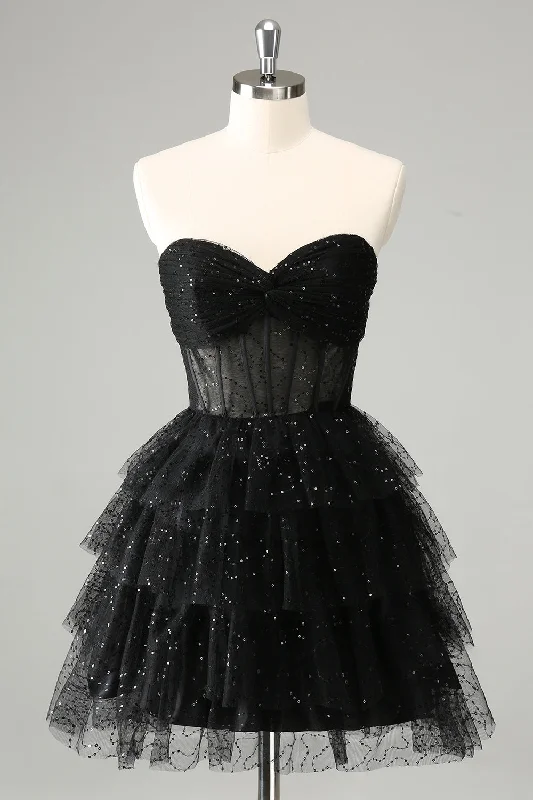 Short Dresses with Sequined Accents for Ladies' Night OutSparkly A Line Black Sweetheart Tiered Corset Cute Homecoming Dress Short Dresses with Sequined Accents for Ladies' Night OutSparkly A Line Black Sweetheart Tiered Corset Cute Homecoming Dress