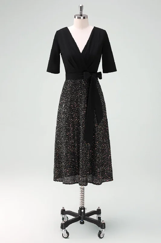 Dresses with Sequined Bodice and Chiffon Overlay for Ladies' Elegant ContrastSparkly Black A-Line Cocktail Dress with Half Sleeves Dresses with Sequined Bodice and Chiffon Overlay for Ladies' Elegant ContrastSparkly Black A-Line Cocktail Dress with Half Sleeves