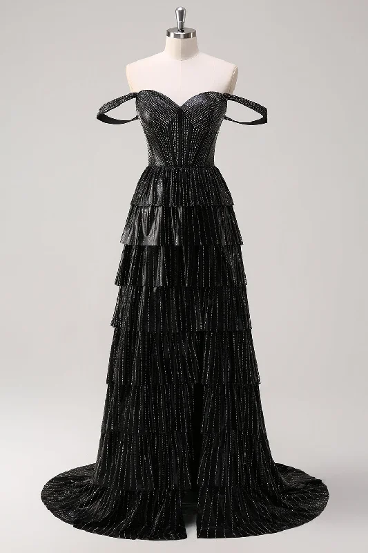Dresses with Sequined Stripes and Sheer Back for Ladies' Bold and Sexy LookSparkly Black Silver A Line Off The Shoulder Corset Tiered Prom Dress with Beading Dresses with Sequined Stripes and Sheer Back for Ladies' Bold and Sexy LookSparkly Black Silver A Line Off The Shoulder Corset Tiered Prom Dress with Beading