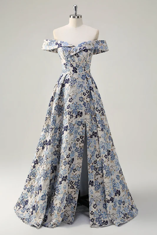 Dresses with Satin Trimmed Collar for Ladies' Classic LookSparkly Blue Flower Princess Off The Shoulder Ruched Long Prom Dress with Slit Dresses with Satin Trimmed Collar for Ladies' Classic LookSparkly Blue Flower Princess Off The Shoulder Ruched Long Prom Dress with Slit