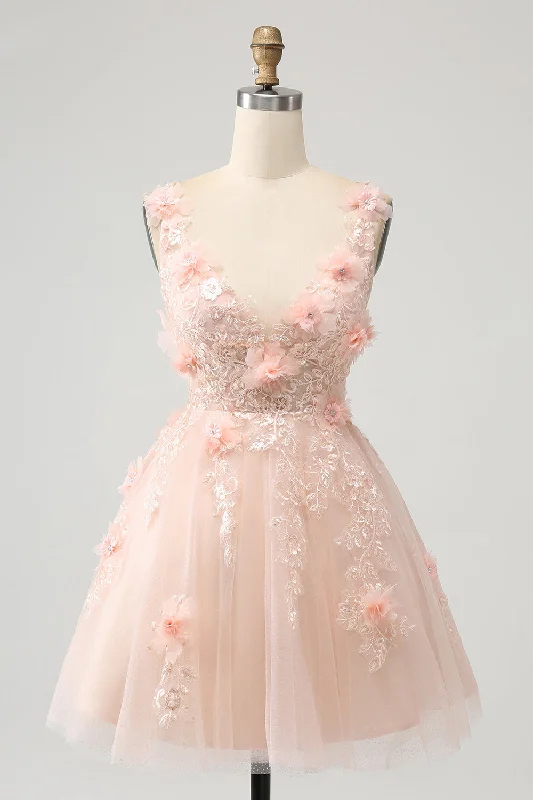 Dresses with Sequined Hearts for Ladies' Romantic LookSparkly Blush A Line V Neck Sequin Short Homecoming Dress with 3D Flowers Dresses with Sequined Hearts for Ladies' Romantic LookSparkly Blush A Line V Neck Sequin Short Homecoming Dress with 3D Flowers