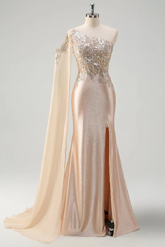 Dresses with Embroidered Birds and Sequined Floral Motifs for Ladies' Nature Inspired and Elegant LookSparkly Champagne Mermaid One Shoulder Sequin Long Prom Dress with Slit Dresses with Embroidered Birds and Sequined Floral Motifs for Ladies' Nature Inspired and Elegant LookSparkly Champagne Mermaid One Shoulder Sequin Long Prom Dress with Slit