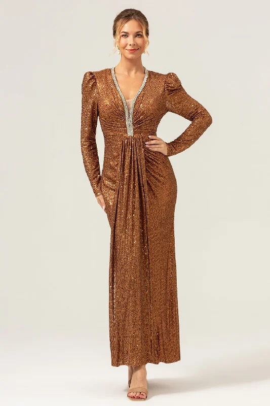 Dresses with Sheer Panels and Beaded Trim and Embroidered Paisley Patterns for Ladies' Sultry and Exotic LookSparkly Coffee Sheath V-Neck Sequins Long Prom Dress Dresses with Sheer Panels and Beaded Trim and Embroidered Paisley Patterns for Ladies' Sultry and Exotic LookSparkly Coffee Sheath V-Neck Sequins Long Prom Dress