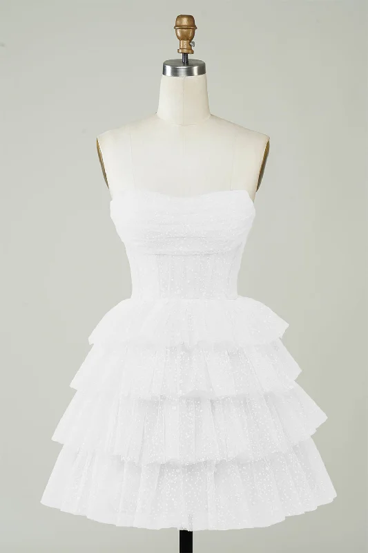 Dresses with Sequined Bodice and Chiffon Overlay for Ladies' Elegant ContrastWhite Sparkly Corset Tiered Cute Short Graduation Dress Dresses with Sequined Bodice and Chiffon Overlay for Ladies' Elegant ContrastWhite Sparkly Corset Tiered Cute Short Graduation Dress