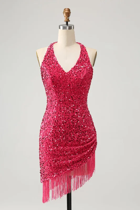 Dresses with Sequined Geometric Shapes and Lace and Chiffon Blend and Ruffled Sleeves for Ladies' Modern and Dramatic LookSparkly Fuchsia Sequins Halter Short Bodycon Homecoming Dress with Tassels Dresses with Sequined Geometric Shapes and Lace and Chiffon Blend and Ruffled Sleeves for Ladies' Modern and Dramatic LookSparkly Fuchsia Sequins Halter Short Bodycon Homecoming Dress with Tassels