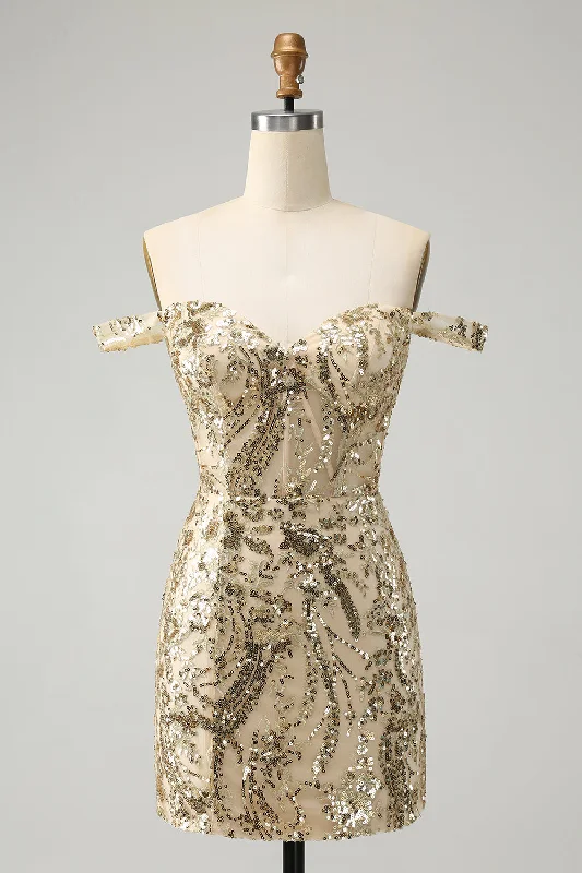 Dresses with Ruffled Sleeveless Top for Ladies' Dramatic and Artistic LookSparkly Bodycon Golden Off The Shoulder Homecoming Dress with Sequins Dresses with Ruffled Sleeveless Top for Ladies' Dramatic and Artistic LookSparkly Bodycon Golden Off The Shoulder Homecoming Dress with Sequins