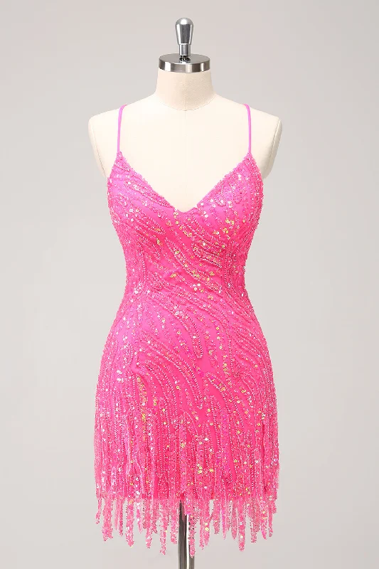 Casual Cotton Sundresses for Ladies with Floral PrintsSparkly Hot Pink Tight Sequins V Neck Homecoming Dress with Fringes Casual Cotton Sundresses for Ladies with Floral PrintsSparkly Hot Pink Tight Sequins V Neck Homecoming Dress with Fringes