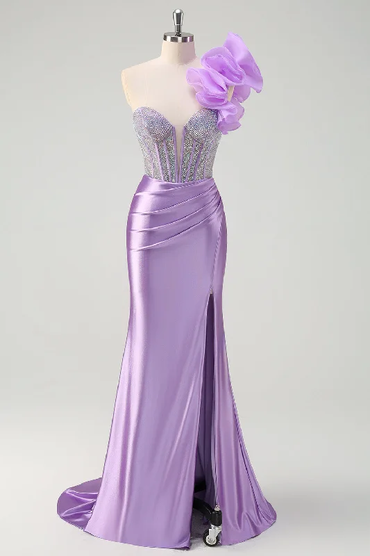Halter Neck Sleeveless Dresses for Ladies' Outdoor ActivitiesSparkly Lilac Mermaid Beaded Corset One Shoulder Long Prom Dress with Slit Halter Neck Sleeveless Dresses for Ladies' Outdoor ActivitiesSparkly Lilac Mermaid Beaded Corset One Shoulder Long Prom Dress with Slit