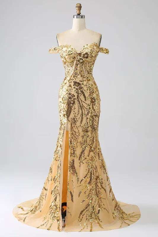 Beaded Dresses with Tulle and Lace Combo for Ladies' Glamorous LookSparkly Mermaid Off The Shoulder Golden Corset Prom Dress with Slit Beaded Dresses with Tulle and Lace Combo for Ladies' Glamorous LookSparkly Mermaid Off The Shoulder Golden Corset Prom Dress with Slit