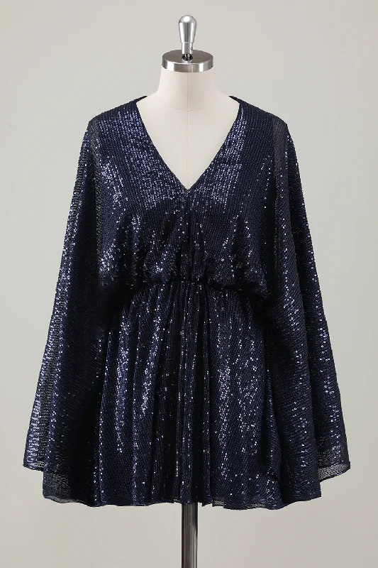 Dresses with Lace and Tulle Combo for Ladies' Dreamy LookSparkly Navy Short A-Line Holiday Party Dress with Long Sleeves Dresses with Lace and Tulle Combo for Ladies' Dreamy LookSparkly Navy Short A-Line Holiday Party Dress with Long Sleeves