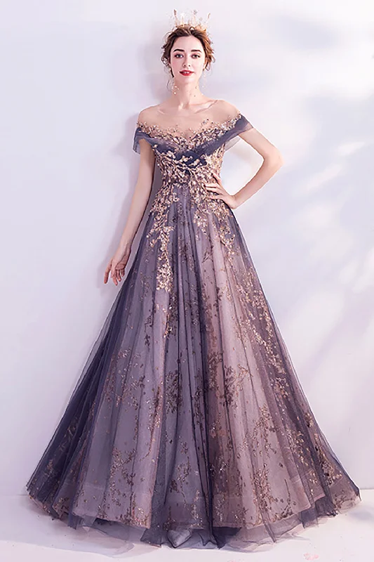 Dresses with Lace Insertions on the Skirt and Beaded Waistband for Ladies' Feminine and Glamorous LookSparkly Purple A-Line Tulle Long Prom Dress Dresses with Lace Insertions on the Skirt and Beaded Waistband for Ladies' Feminine and Glamorous LookSparkly Purple A-Line Tulle Long Prom Dress