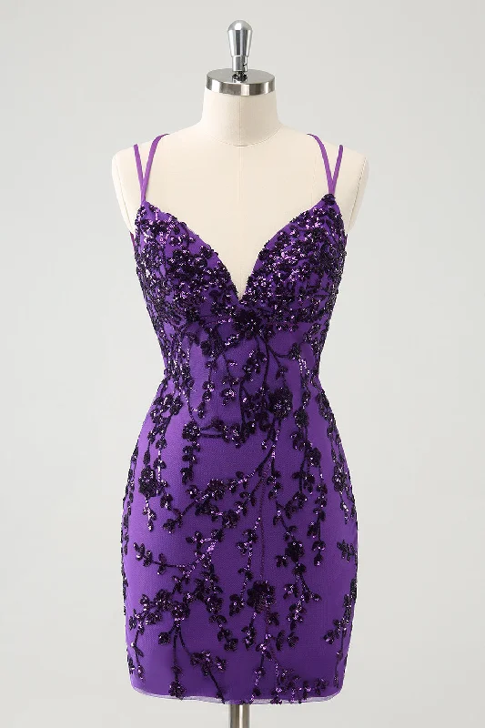 Dresses with Sheer Panels and Beaded Trim and Embroidered Paisley Patterns for Ladies' Sultry and Exotic LookSparkly Purple Spaghetti Straps Tight Short Homecoming Dress with Appliques Dresses with Sheer Panels and Beaded Trim and Embroidered Paisley Patterns for Ladies' Sultry and Exotic LookSparkly Purple Spaghetti Straps Tight Short Homecoming Dress with Appliques