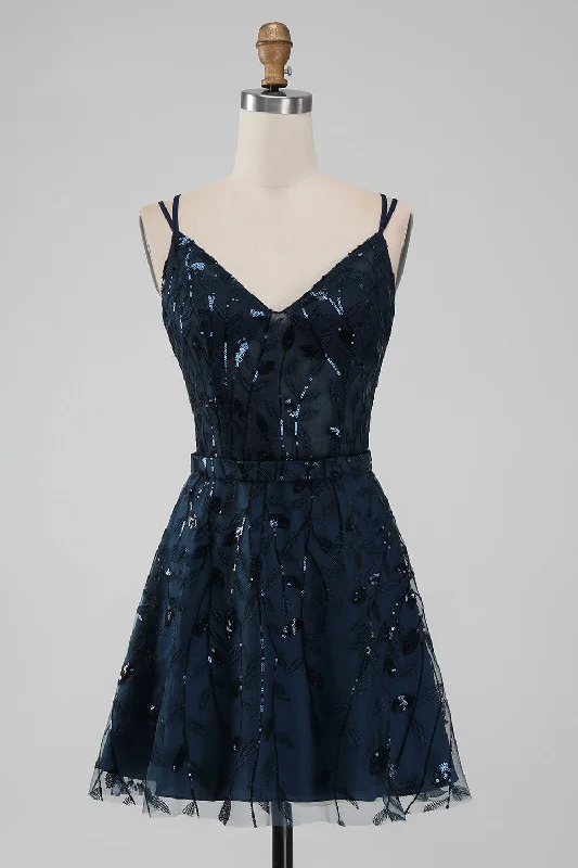 Dresses with Cut Out Details for Ladies' Bold and Fashionable LookNavy A Line Spaghetti Straps Sparkly Sequins Short Homecoming Dress Dresses with Cut Out Details for Ladies' Bold and Fashionable LookNavy A Line Spaghetti Straps Sparkly Sequins Short Homecoming Dress