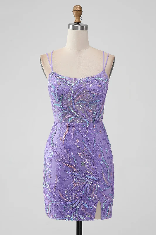 Dresses with Beaded Waistbands and Tiered Skirts for Ladies' Glamorous and Feminine LookSparkly Lilac Bodycon Sequins Appliques Short Homecoming Dress with Slit Dresses with Beaded Waistbands and Tiered Skirts for Ladies' Glamorous and Feminine LookSparkly Lilac Bodycon Sequins Appliques Short Homecoming Dress with Slit