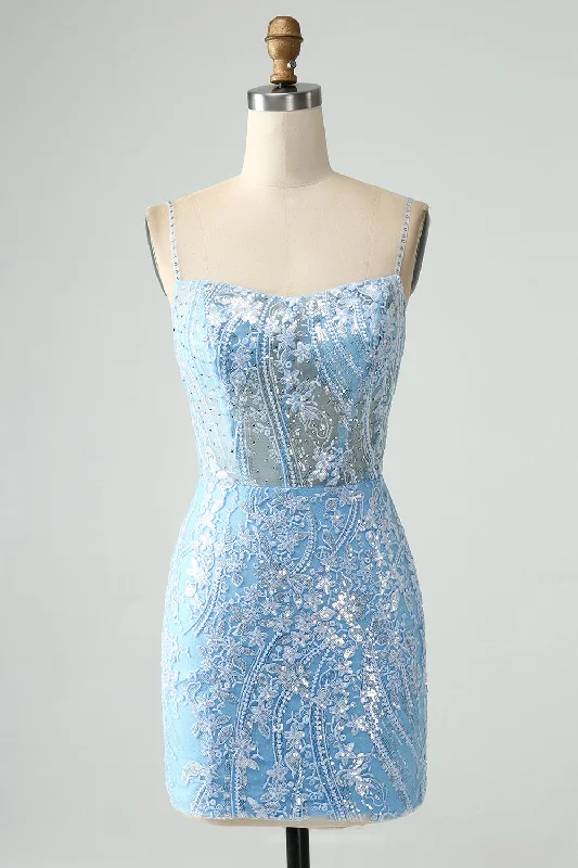Sheath Style Rayon Dresses for Ladies' Office CasualSparkly Sky Blue Spaghetti Straps Beaded Short Homecoming Dress Sheath Style Rayon Dresses for Ladies' Office CasualSparkly Sky Blue Spaghetti Straps Beaded Short Homecoming Dress
