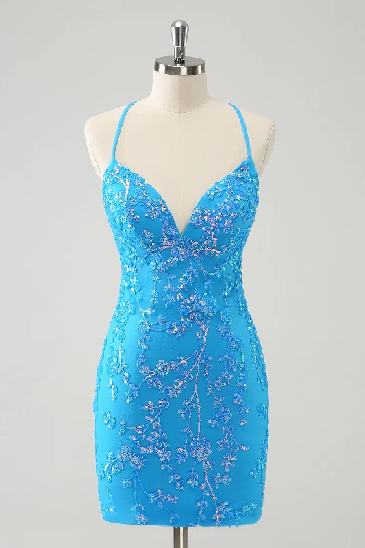 Short Dresses with Sequined Accents for Ladies' Night OutSparkly Sky Blue Tight Short Homecoming Dress with Lace-Up Back Short Dresses with Sequined Accents for Ladies' Night OutSparkly Sky Blue Tight Short Homecoming Dress with Lace-Up Back