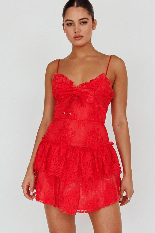 Dresses with Satin Trimmed Collar and Bow Back for Ladies' Classic and Intricate LookSt Tropez Cami Strap Frill Trim Lace Mini Dress Red Dresses with Satin Trimmed Collar and Bow Back for Ladies' Classic and Intricate LookSt Tropez Cami Strap Frill Trim Lace Mini Dress Red