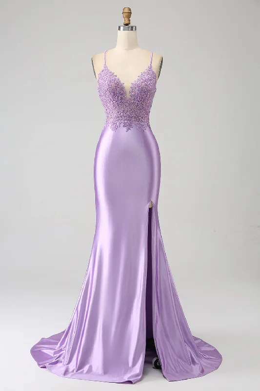 Dresses with Sheer Panels for Ladies' Sultry and Alluring LookStylish Mermaid Spaghetti Straps Lilac Long Prom Dress with Appliques Slit